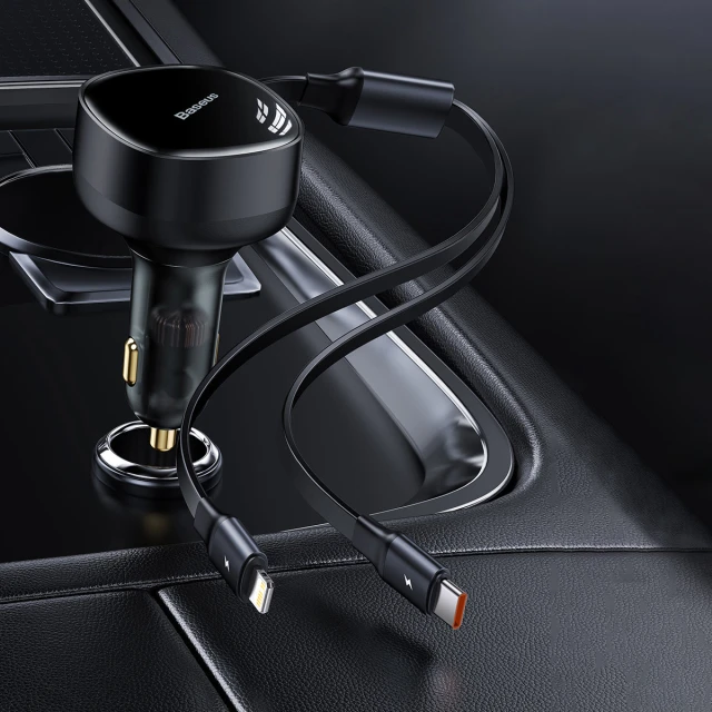 Автомобільний зарядний пристрій Baseus Enjoyment Retractable 30W with Lightning/USB-C Cable Black (CGTX000001)