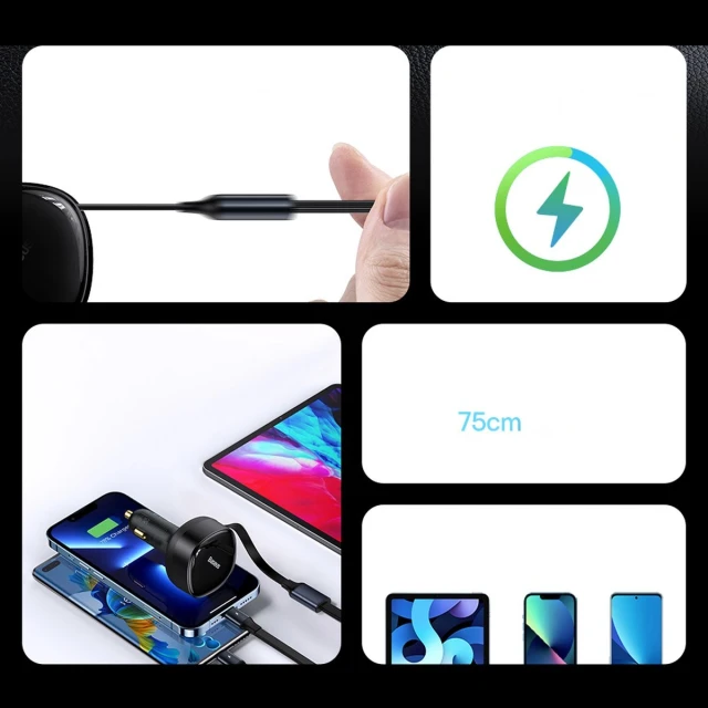 Автомобільний зарядний пристрій Baseus Enjoyment Retractable 30W with Lightning/USB-C Cable Black (CGTX000001)