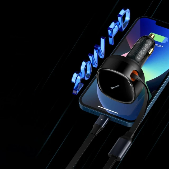 Автомобільний зарядний пристрій Baseus Enjoyment Retractable 30W with Lightning/USB-C Cable Black (CGTX000001)