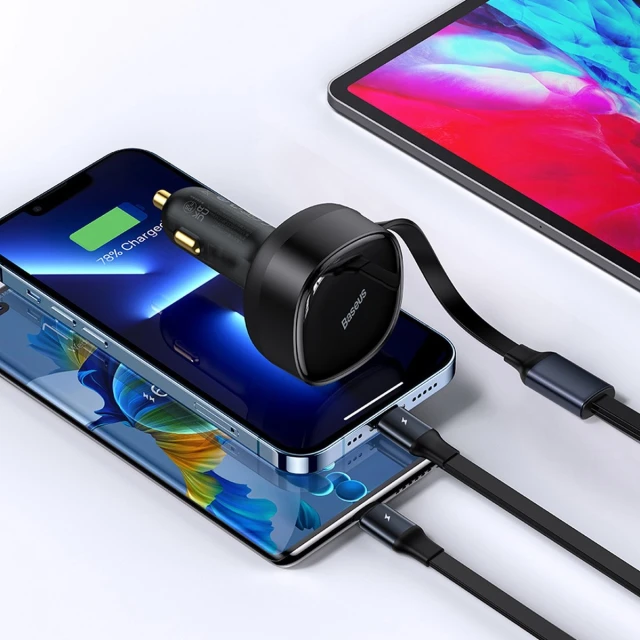 Автомобільний зарядний пристрій Baseus Enjoyment Retractable 30W with Lightning/USB-C Cable Black (CGTX000001)