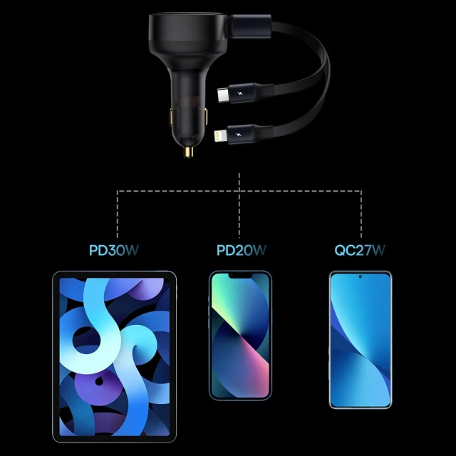 Автомобільний зарядний пристрій Baseus Enjoyment Retractable 30W with Lightning/USB-C Cable Black (CGTX000001)