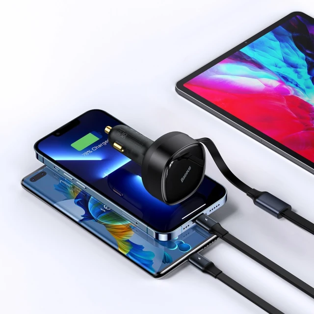 Автомобільний зарядний пристрій Baseus Enjoyment Retractable 30W with Lightning/USB-C Cable Black (CGTX000001)