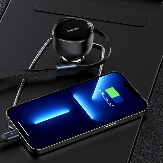 Автомобільний зарядний пристрій Baseus Enjoyment Retractable 30W with Lightning/USB-C Cable Black (CGTX000001)