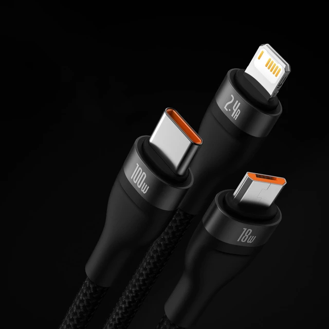 Кабель Baseus Flash Series II One-for-three Fast Charging Data Cable 100W USB - USB Typ C / Lightning / micro USB 1.2m Black (CASS030001)