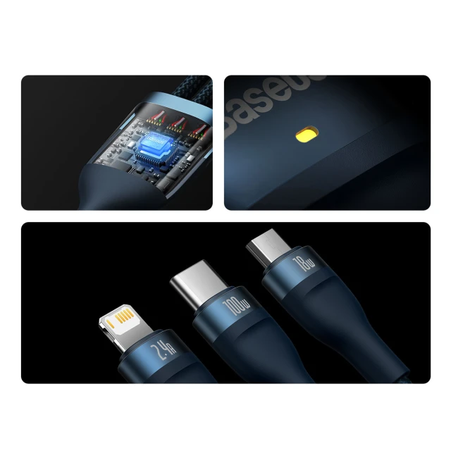 Кабель Baseus Flash Series II One-for-three Fast Charging Data Cable 100W USB - USB Typ C / Lightning / micro USB 1.2m Blue (CASS030003)