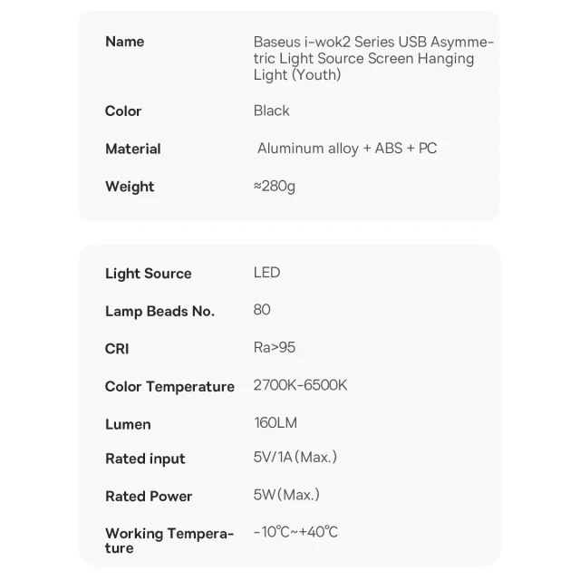 Настільна світлодіодна лампа Baseus i-wok2 Series USB Asymmetric Light Source Screen Hanging Black (DGIW000101)