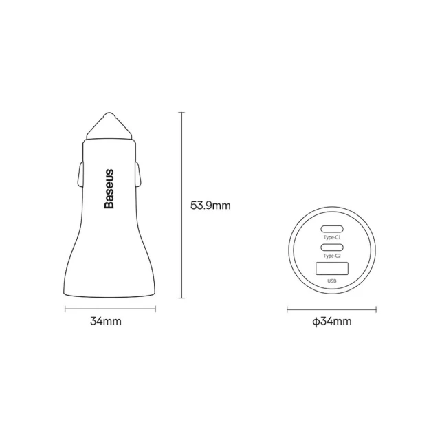 Автомобільний зарядний пристрій Baseus Golden Contactor Triple Fast Charger 65W 2xUSB-C/USB-A Dark Grey (CGJP010013)