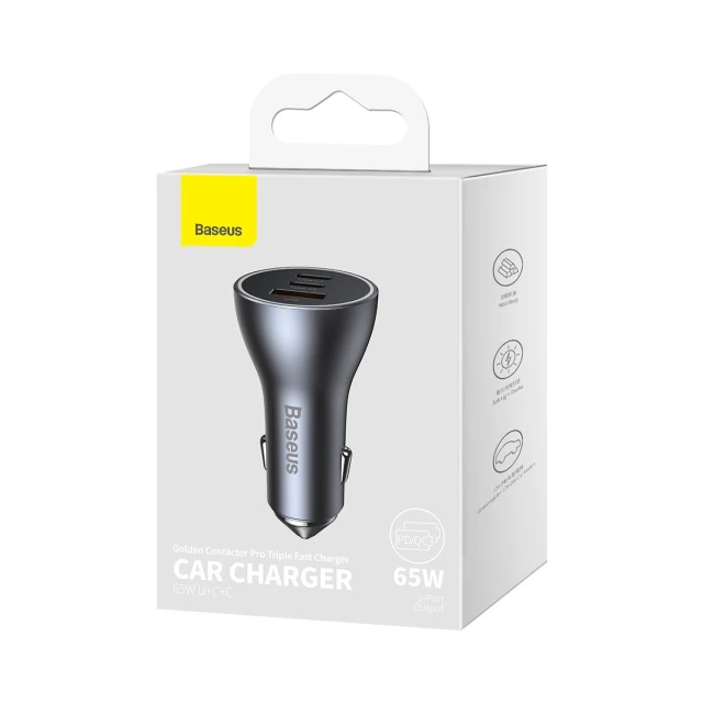 Автомобільний зарядний пристрій Baseus Golden Contactor Triple Fast Charger 65W 2xUSB-C/USB-A Dark Grey (CGJP010013)