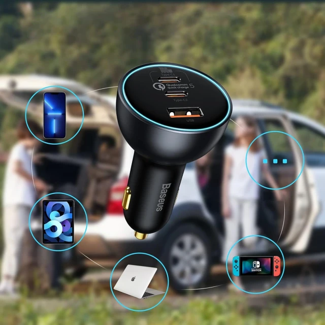 Автомобільна зарядка Baseus 160W з технологією Qualcomm® Quick Charge™ 5 2xUSB-C 1xUSB-A Grey (6932172611897)