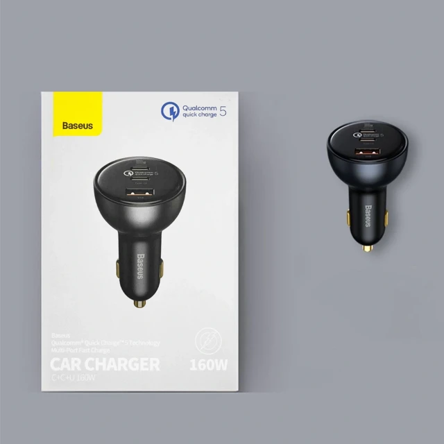 Автомобільна зарядка Baseus 160W з технологією Qualcomm® Quick Charge™ 5 2xUSB-C 1xUSB-A Grey (6932172611897)