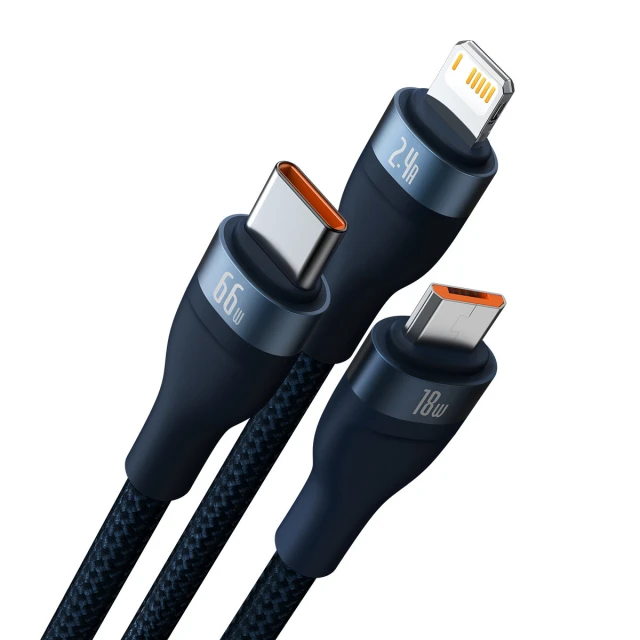 Кабель Baseus Flash Series II 3-in-1 Fast Charging USB-A to USB-C/Lightning/microUSB 66W 1.2m Blue (CASS040003)