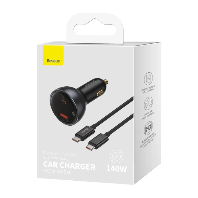 Автомобільний зарядний пристрій Baseus Digital Display Fast Charger USB-A/USB-C 140W with USB-C to USB-C Cable Black (CGZX070001)