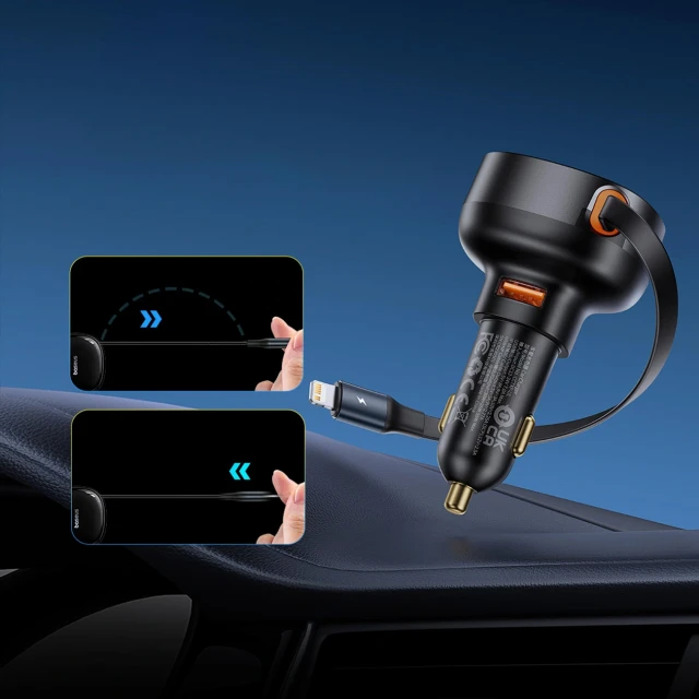 Автозарядка Baseus Enjoyment Pro 55W USB-A со сворачиваемым кабелем Lightning черная (6932172635763)
