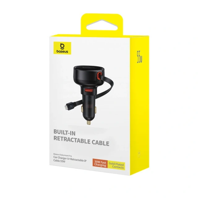 Автозарядка Baseus Enjoyment Pro 55W USB-A со сворачиваемым кабелем Lightning черная (6932172635763)