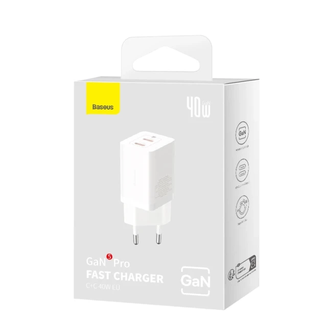 Мережевий зарядний пристрій Baseus GaN5 Pro 40W 2xUSB-C White (P10110804217-Z1)