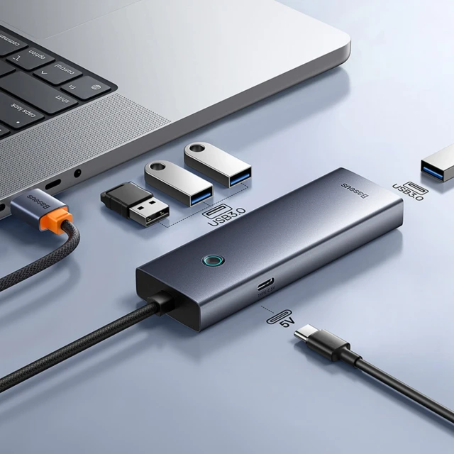 Hub USB-A Baseus UltraJoy Series 4xUSB-A 3.0 1xUSB-C 5V Grey (6932172653347)
