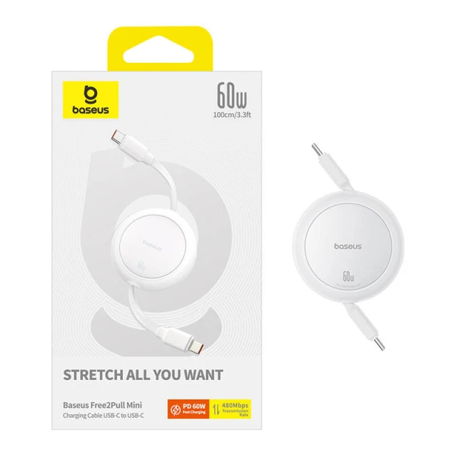 Кабель Baseus Free2Pull Mini USB-C to USB-C 60W 1m White (P10364500211-01)