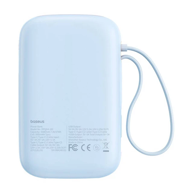 Портативний зарядний пристрій Baseus QPow2 30W 10000mAh with Built-in USB-C Cable Blue (P10055008313-00)