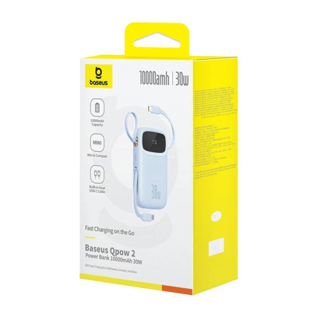 Портативний зарядний пристрій Baseus QPow2 30W 10000mAh with Built-in USB-C Cable Blue (P10055008313-00)