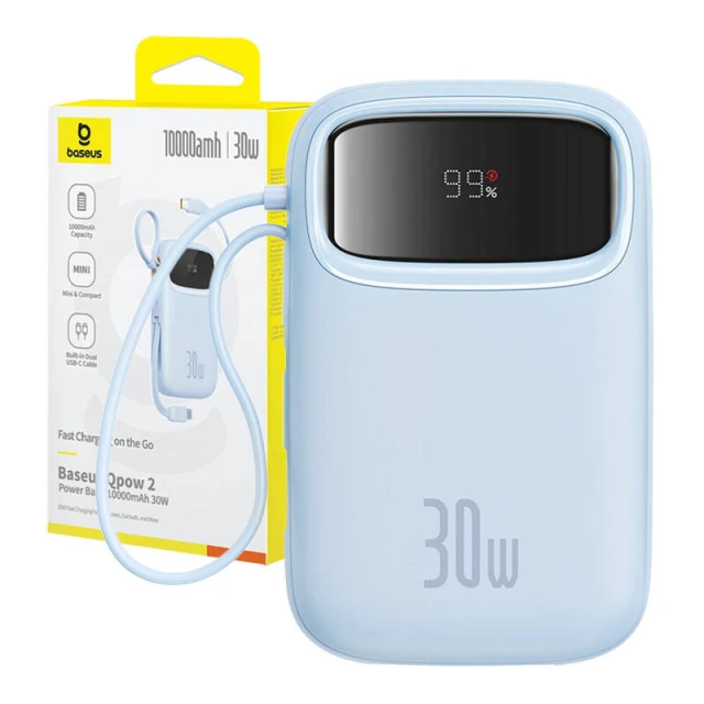 Портативний зарядний пристрій Baseus QPow2 30W 10000mAh with Built-in USB-C Cable Blue (P10055008313-00)