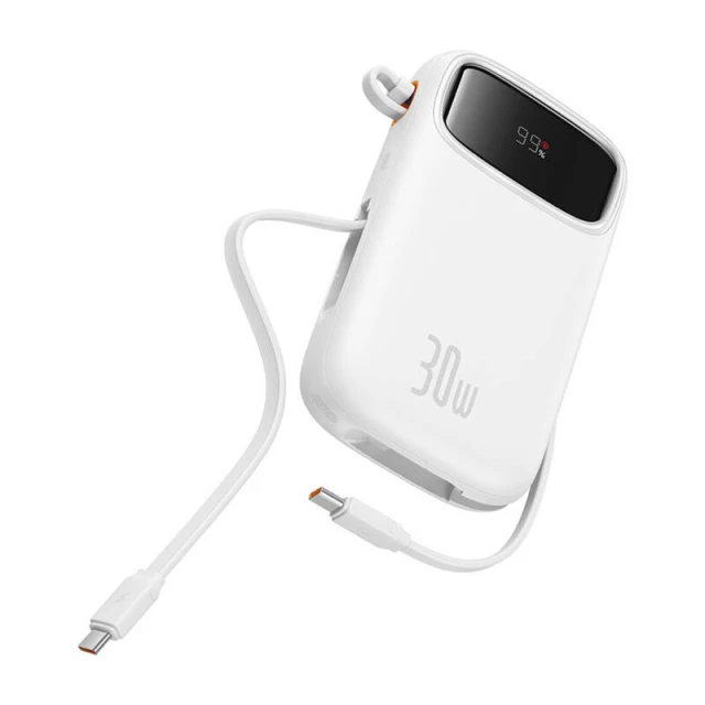 Портативний зарядний пристрій Baseus QPow2 30W 10000mAh with Built-in USB-C Cable White (P10055008213-00)
