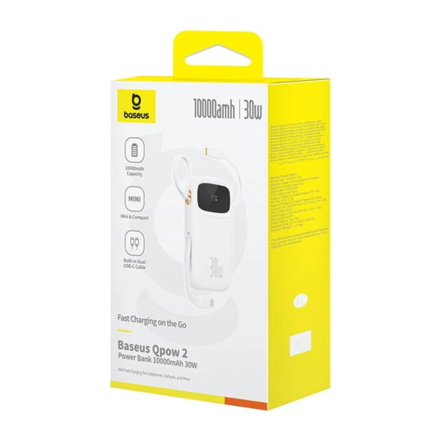 Портативний зарядний пристрій Baseus QPow2 30W 10000mAh with Built-in USB-C Cable White (P10055008213-00)