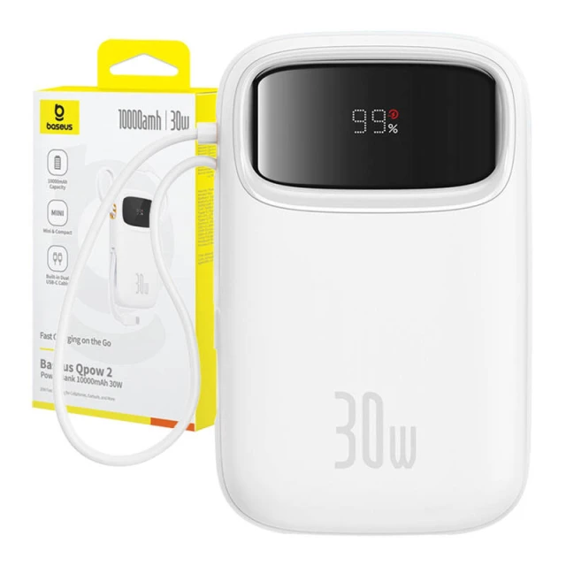 Портативний зарядний пристрій Baseus QPow2 30W 10000mAh with Built-in USB-C Cable White (P10055008213-00)