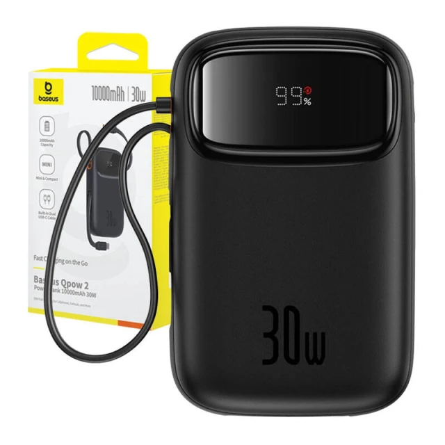 Портативний зарядний пристрій Baseus QPow2 30W 10000mAh with Built-in USB-C Cable Black (P10055008113-00)