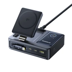 Зарядна станція Baseus NOMOS 140W Qi2 5в1 бездротова зі складним кабелем USB-C і цифровим дисплеєм Black (6932172673406)