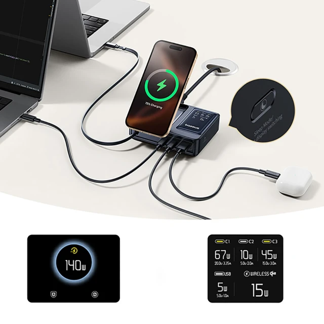 Зарядна станція Baseus NOMOS 140W Qi2 5в1 бездротова зі складним кабелем USB-C і цифровим дисплеєм Black (6932172673406)