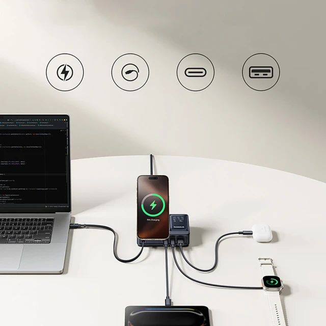 Зарядна станція Baseus NOMOS 140W Qi2 5в1 бездротова зі складним кабелем USB-C і цифровим дисплеєм Black (6932172673406)