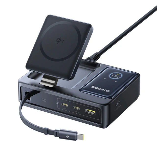 Зарядна станція Baseus NOMOS 140W Qi2 5в1 бездротова зі складним кабелем USB-C і цифровим дисплеєм Black (6932172673406)