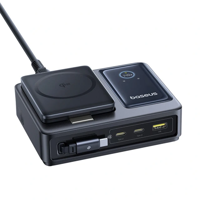 Зарядна станція Baseus NOMOS 140W Qi2 5в1 бездротова зі складним кабелем USB-C і цифровим дисплеєм Black (6932172673406)