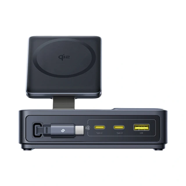 Зарядна станція Baseus NOMOS 140W Qi2 5в1 бездротова зі складним кабелем USB-C і цифровим дисплеєм Black (6932172673406)