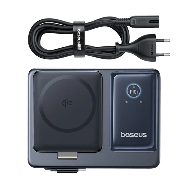 Зарядна станція Baseus NOMOS 140W Qi2 5в1 бездротова зі складним кабелем USB-C і цифровим дисплеєм Black (6932172673406)