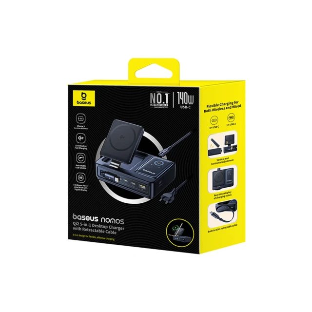 Зарядна станція Baseus NOMOS 140W Qi2 5в1 бездротова зі складним кабелем USB-C і цифровим дисплеєм Black (6932172673406)