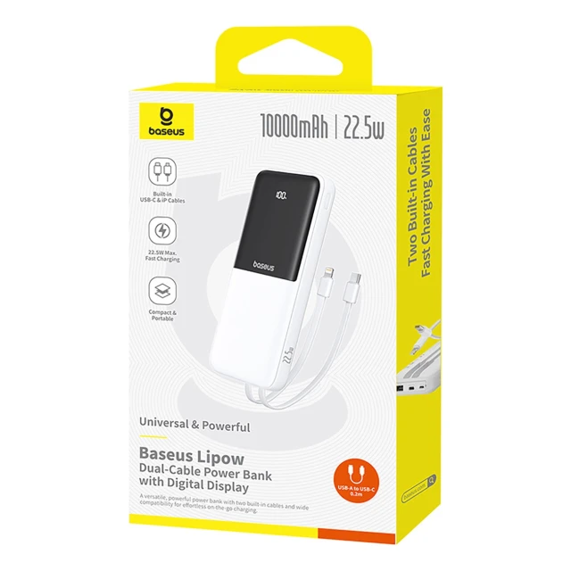 Powerbank Baseus Lipow 10000mAh 22.5W з двома вбудованими кабелями з кабелем Baseus Simple USB-A - USB-C 20cm білий (P10079101213-00)