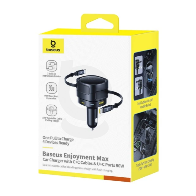 Автомобільний зарядний пристрій Baseus Enjoyment Max PD/QC 90W USB-A | USB-C with Built-in 2xUSB-C Cable Black (C00035507121-03)