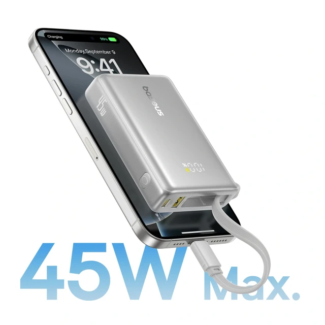 Powerbank Baseus PicoGo 10000mAh 45W з цифровим дисплеєм з вбудованим кабелем USB-C Grey (6932172684259)