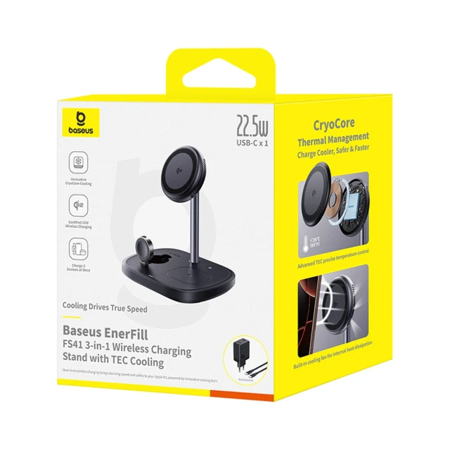 Бездротова зарядка Baseus EnerFill FS41 3в1 з охолодженням, вилкою EU 45W і кабелем USB-C до USB-C Black (6932172686710)