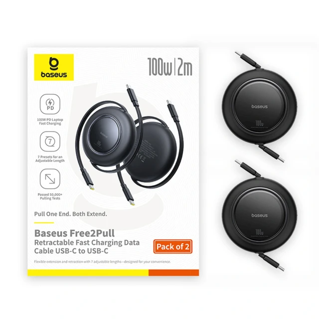 Кабель Baseus Free2Pull 100W USB-C - USB-C 2m (2 pack) Black (6932172687687)