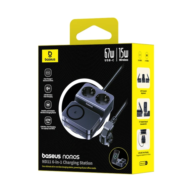 Зарядна станція Baseus NOMOS ND11 67W 6в1 бездротова з двома розетками AC Black (6932172689704)