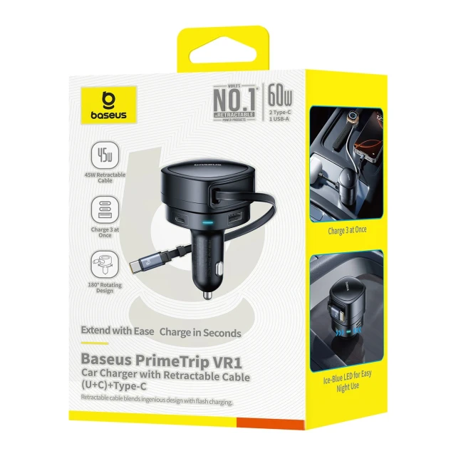 Автомобільна зарядка Baseus PrimeTrip VR1 60W USB-A USB-C з кабелем USB-C Чорний (6932172690274)