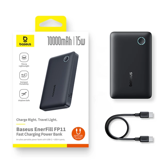 Powerbank Baseus EnerFill FP11 10000mAh 15W з чорним кабелем Simple USB-C - USB-C 20V/3A 30cm Black (6932172690298)