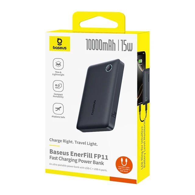 Powerbank Baseus EnerFill FP11 10000mAh 15W з чорним кабелем Simple USB-C - USB-C 20V/3A 30cm Black (6932172690298)