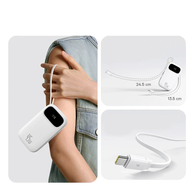 Powerbank Baseus EnerFill FC31 QPow3 10000mAh 45W з цифровим дисплеєм з 2 вбудованими кабелями USB-C White (6932172691073)