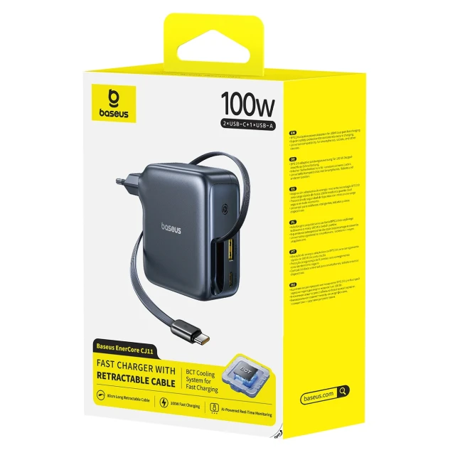 Мережевий зарядний пристрій Baseus EnerCore CJ11 100W USB-A/USB-C зі згортаємим кабелем USB-C Black (5932172695606)