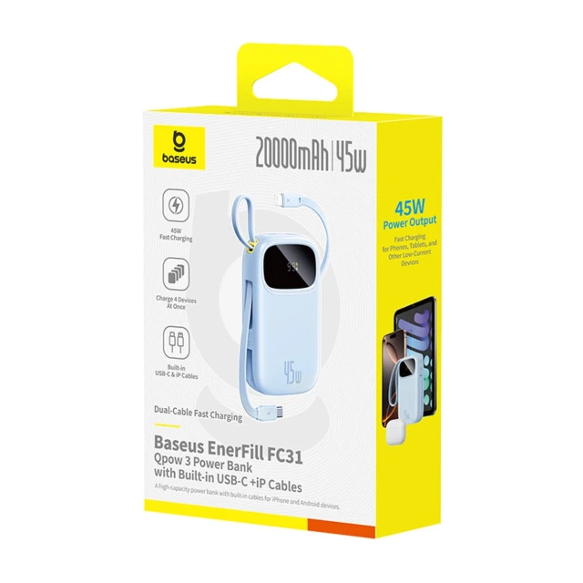 Powerbank Baseus EnerFill FC31 20000mAh 45W з дисплеєм з кабелями USB-C і Lightning Blue (E0028D03)