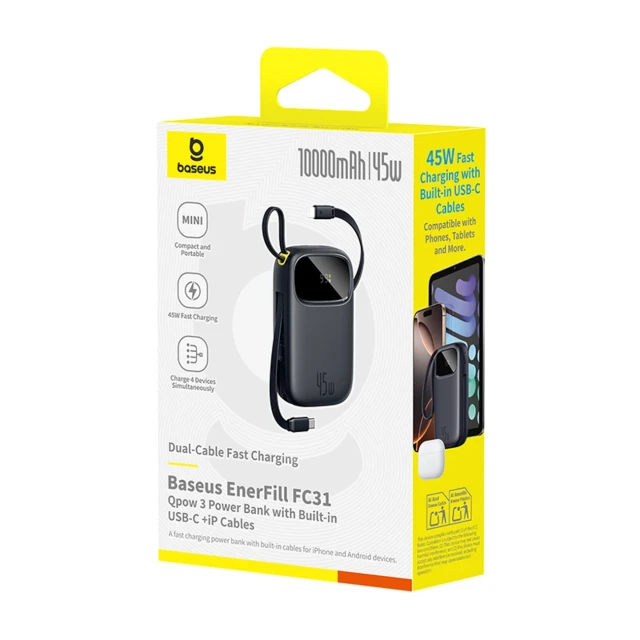 Powerbank Baseus EnerFill FC31 10000mAh 45W з кабелями USB-C і Lightning чорний (E0028C00)