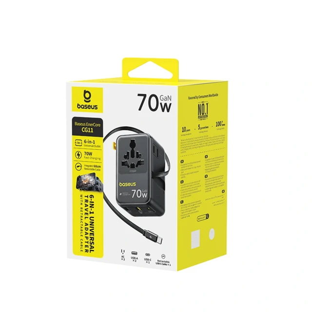Адаптер подорожній Baseus EnerCore CG11 70W 6в1 зі згортаючим кабелем USB-C Black (6932172696474)